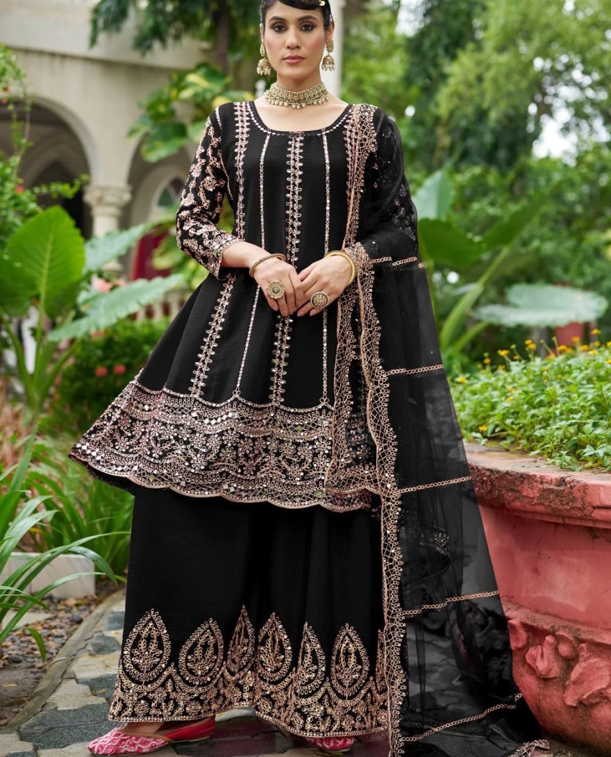 BLACK - Black Chinon Salwar Suit with Embroidered and Mirror Work for Ceremonial